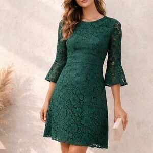 Lulus Favorite Flair Forest Green Lace Flounce Sleeve Dress ❤️